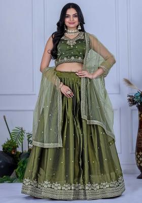 Green Sequence Embroidery Net Lehenga Set With Dupatta