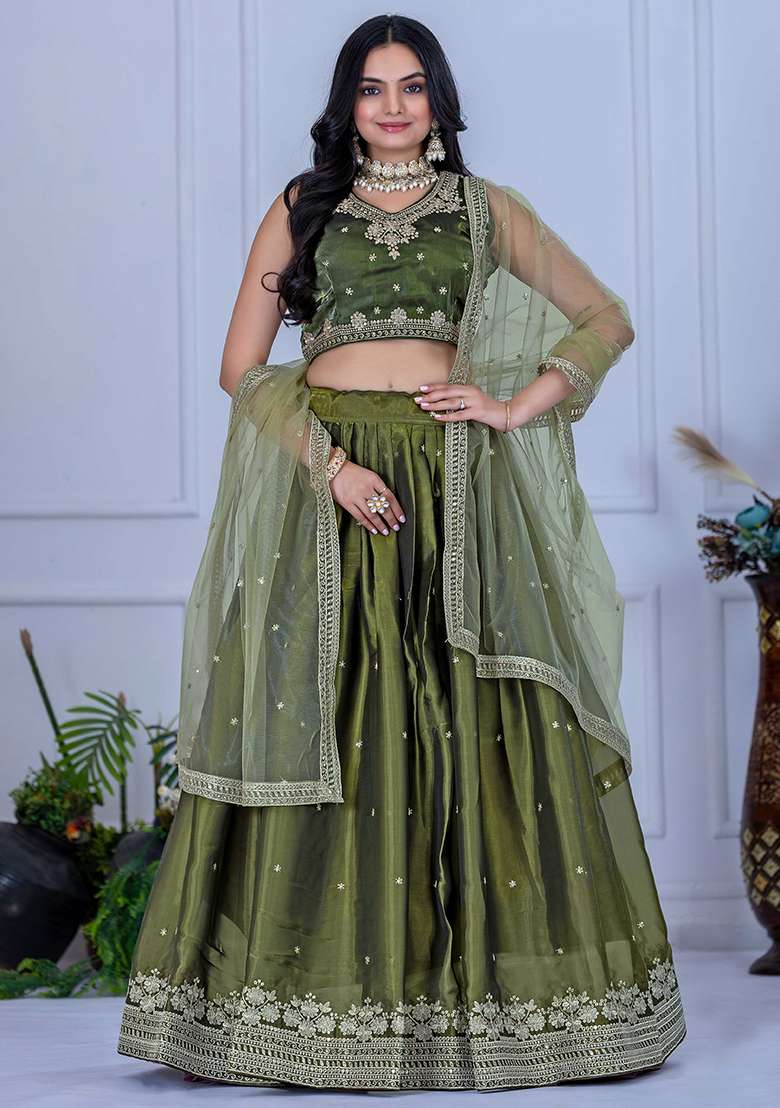 Green Sequence Embroidery Net Lehenga Set With Dupatta for Diwali and Festive Wear - Indya