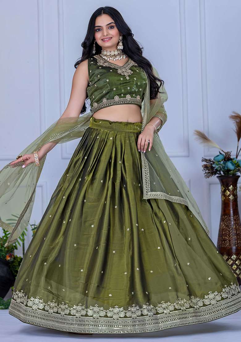 Green Sequence Embroidery Net Lehenga Set With Dupatta for Diwali and Festive Wear - Indya