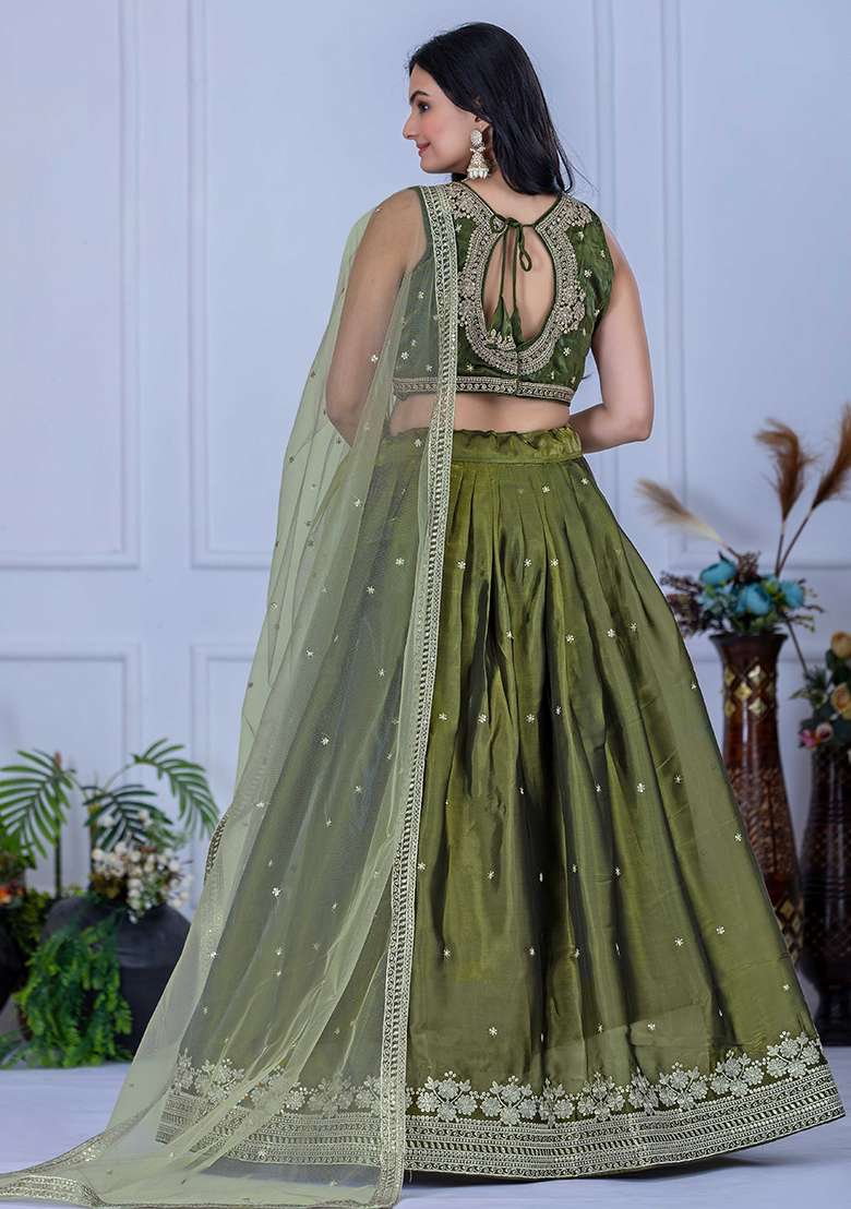 Green Sequence Embroidery Net Lehenga Set With Dupatta for Diwali and Festive Wear - Indya