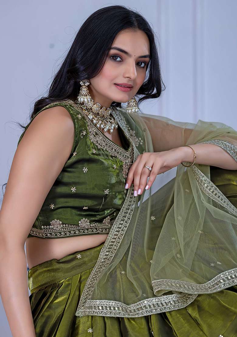 Green Sequence Embroidery Net Lehenga Set With Dupatta for Diwali and Festive Wear - Indya