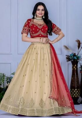 White Sequence Embroidery Net Lehenga Set With Dupatta