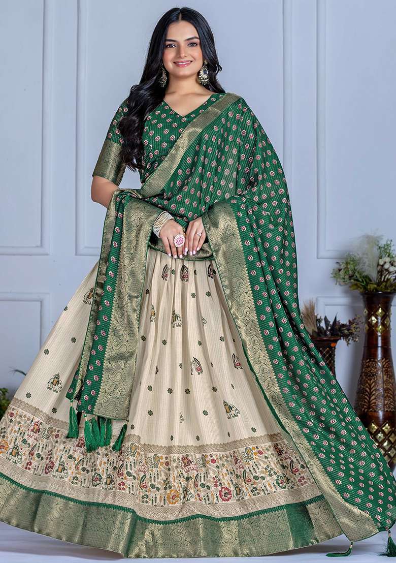 Green With Dupatta Jacquard Lehenga Set with Embroidered for Diwali | Wedding & Festive Wear - Indya