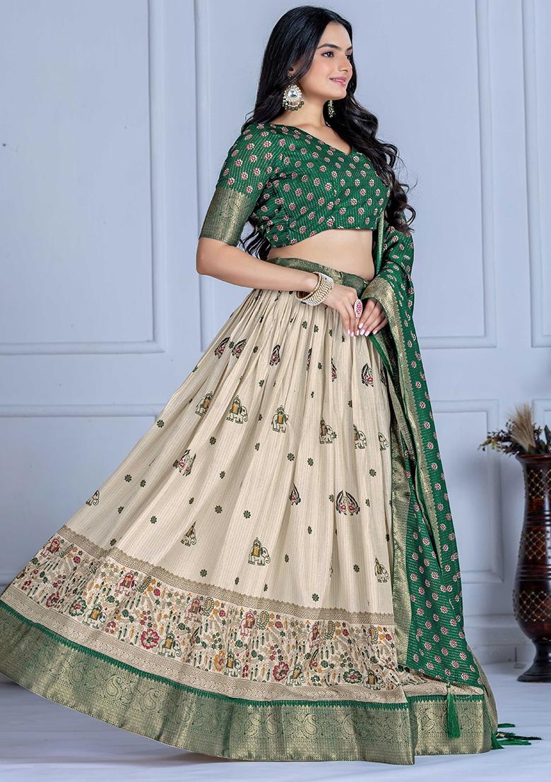 Green Embroidered Jacquard Lehenga Set With Dupatta - Indya