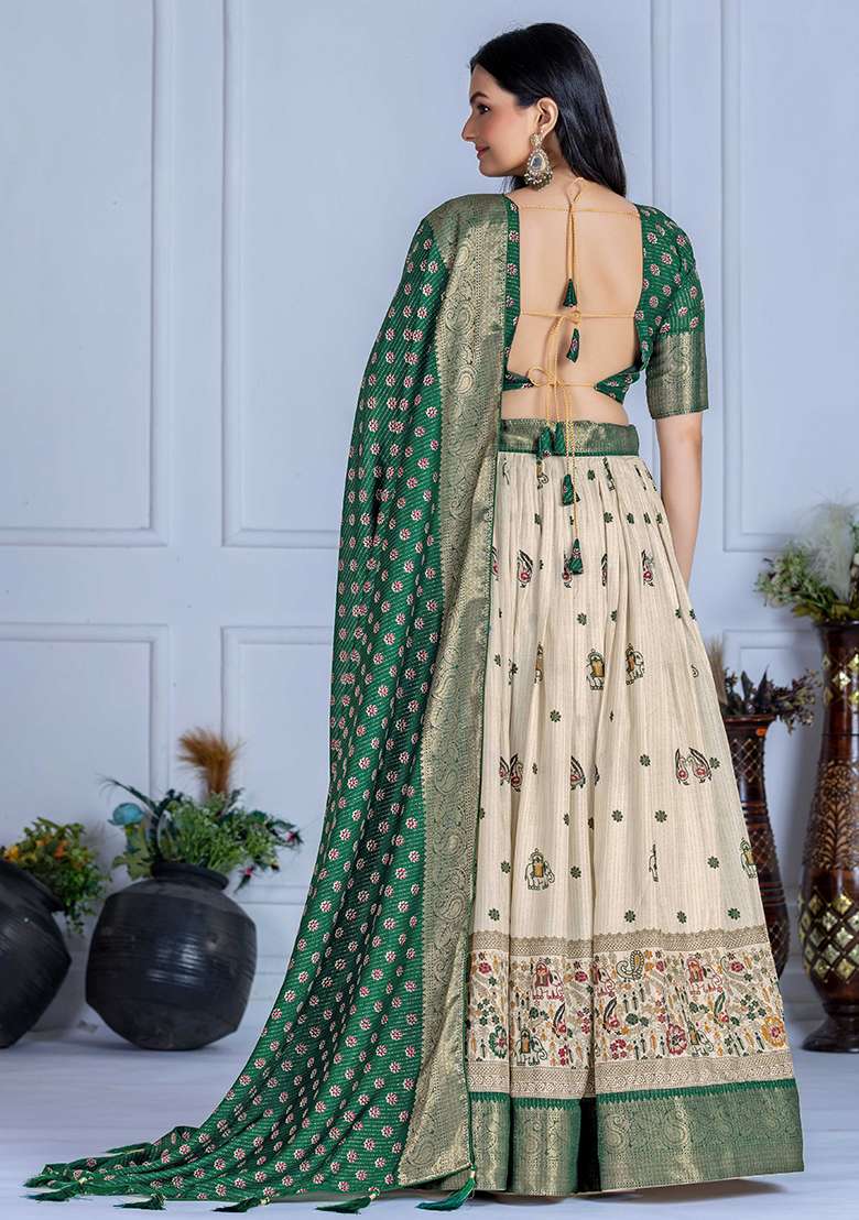 Green With Dupatta Jacquard Lehenga Set with Embroidered for Diwali | Wedding & Festive Wear - Indya