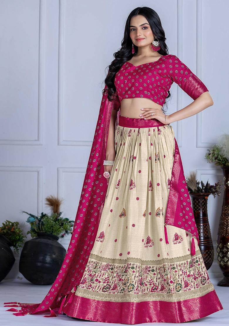 Pink Embroidered Jacquard Lehenga Set With Dupatta - Indya