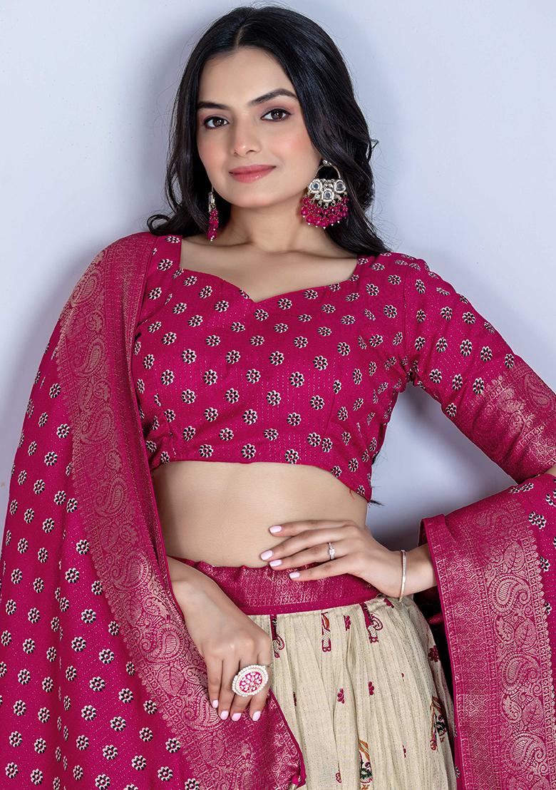 Pink Embroidered Jacquard Lehenga Set With Dupatta - Indya