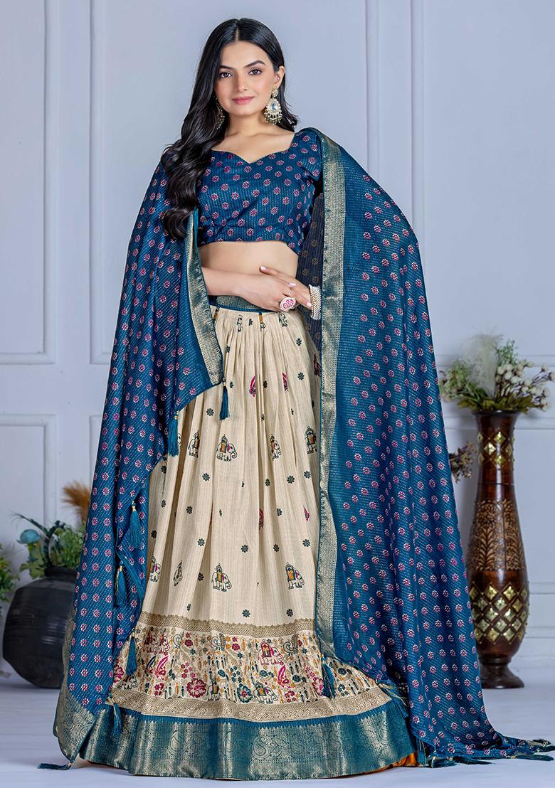Blue Embroidered Jacquard Lehenga Set With Dupatta - Indya