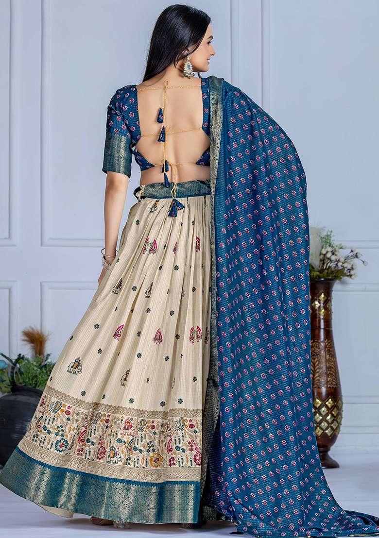 Blue With Dupatta Jacquard Lehenga Set with Embroidered for Diwali | Wedding & Festive Wear - Indya