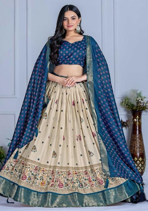 Blue Embroidered Jacquard Lehenga Set With Dupatta