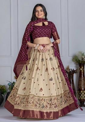Wine Embroidered Jacquard Lehenga Set With Dupatta