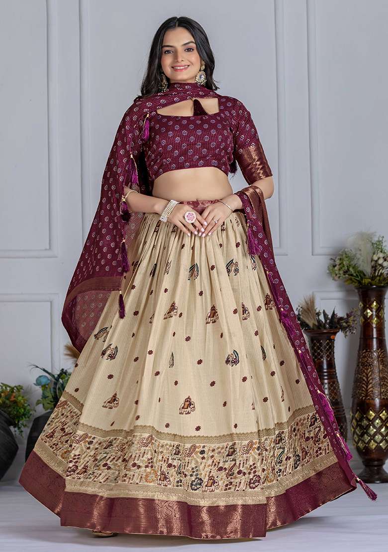 Wine Embroidered Jacquard Lehenga Set With Dupatta for Diwali and Festive Wear - Indya