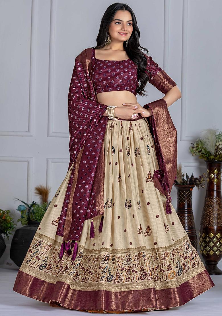 Wine Embroidered Jacquard Lehenga Set With Dupatta - Indya