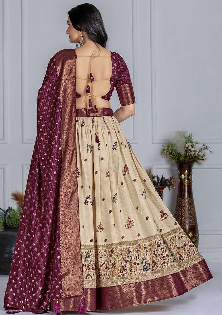 Wine Embroidered Jacquard Lehenga Set With Dupatta for Diwali and Festive Wear - Indya