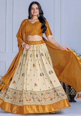 Yellow Embroidered Jacquard Lehenga Set With Dupatta
