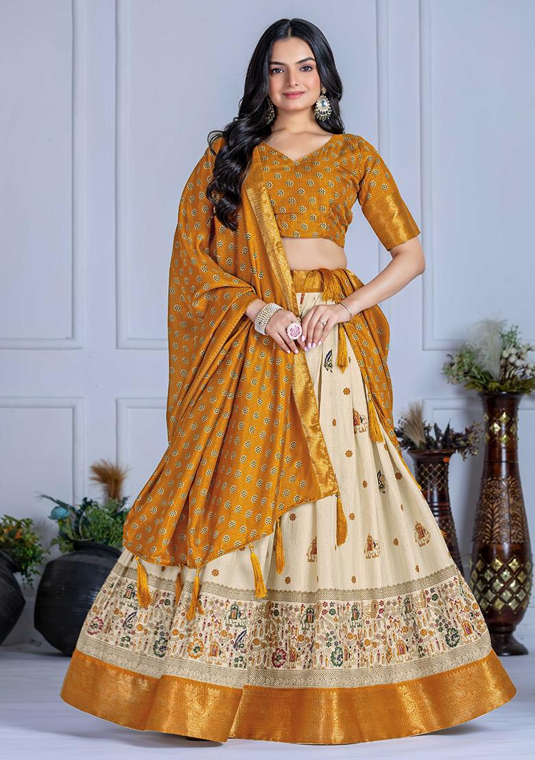 Yellow Embroidered Jacquard Lehenga Set With Dupatta - Indya
