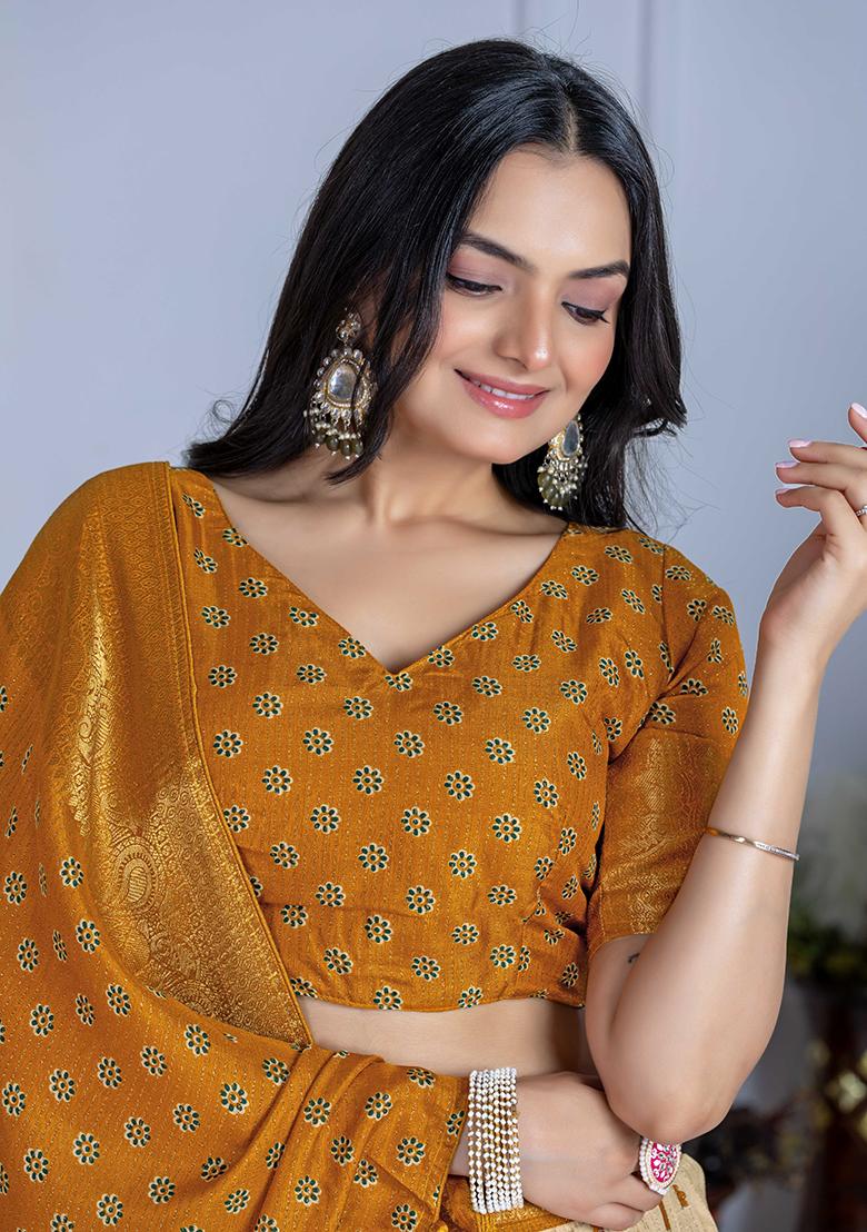 Yellow Embroidered Jacquard Lehenga Set With Dupatta - Indya