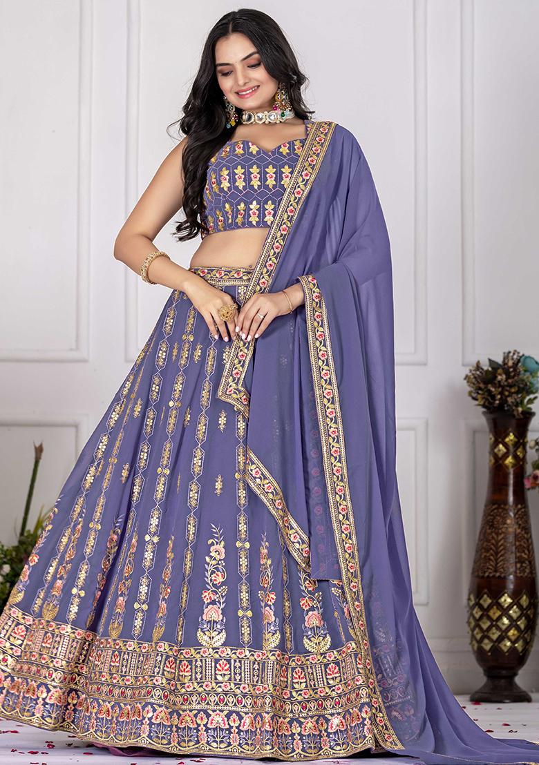 Purple Sequence Embroidery Georgette Lehenga Set With Dupatta - Indya