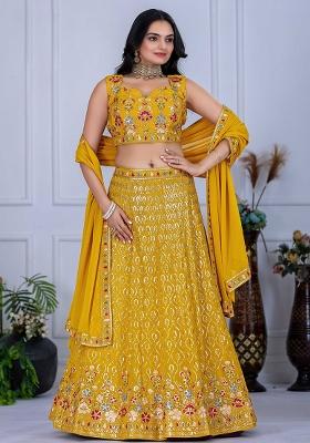 Yellow Sequence Embroidery Georgette Lehenga Set With Dupatta