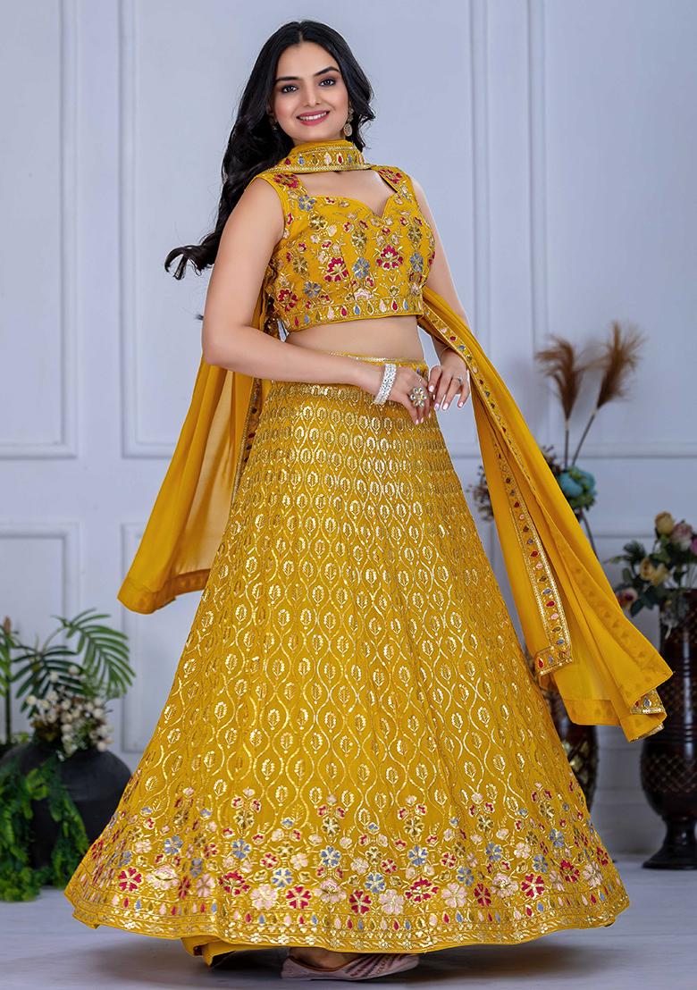 Yellow Sequence Embroidery Georgette Lehenga Set With Dupatta - Indya