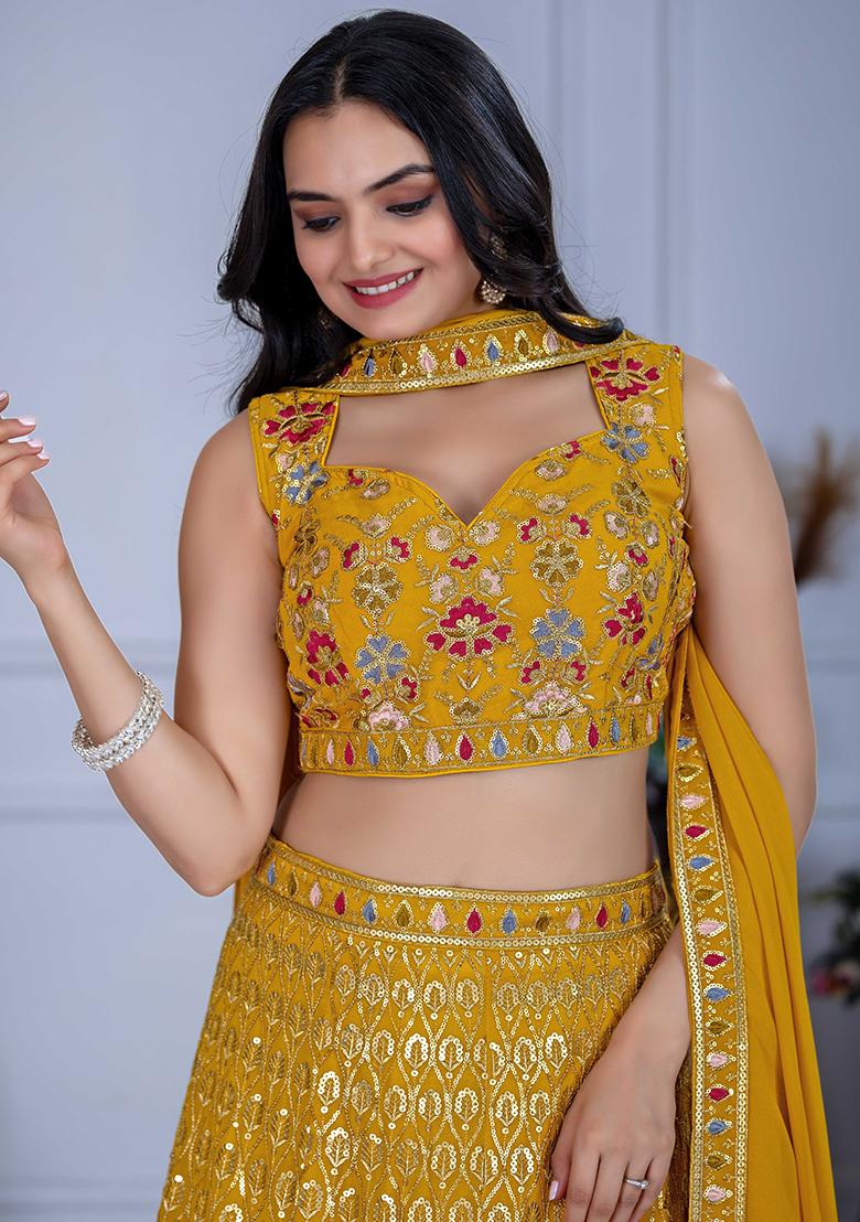 Yellow Sequence Embroidery Georgette Lehenga Set With Dupatta - Indya