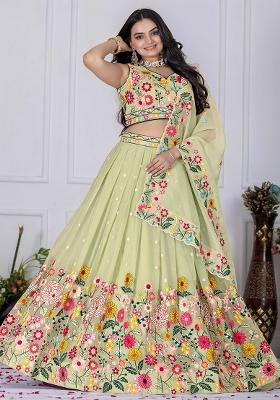 Green Sequence Embroidery Cotton Lehenga Set With Dupatta