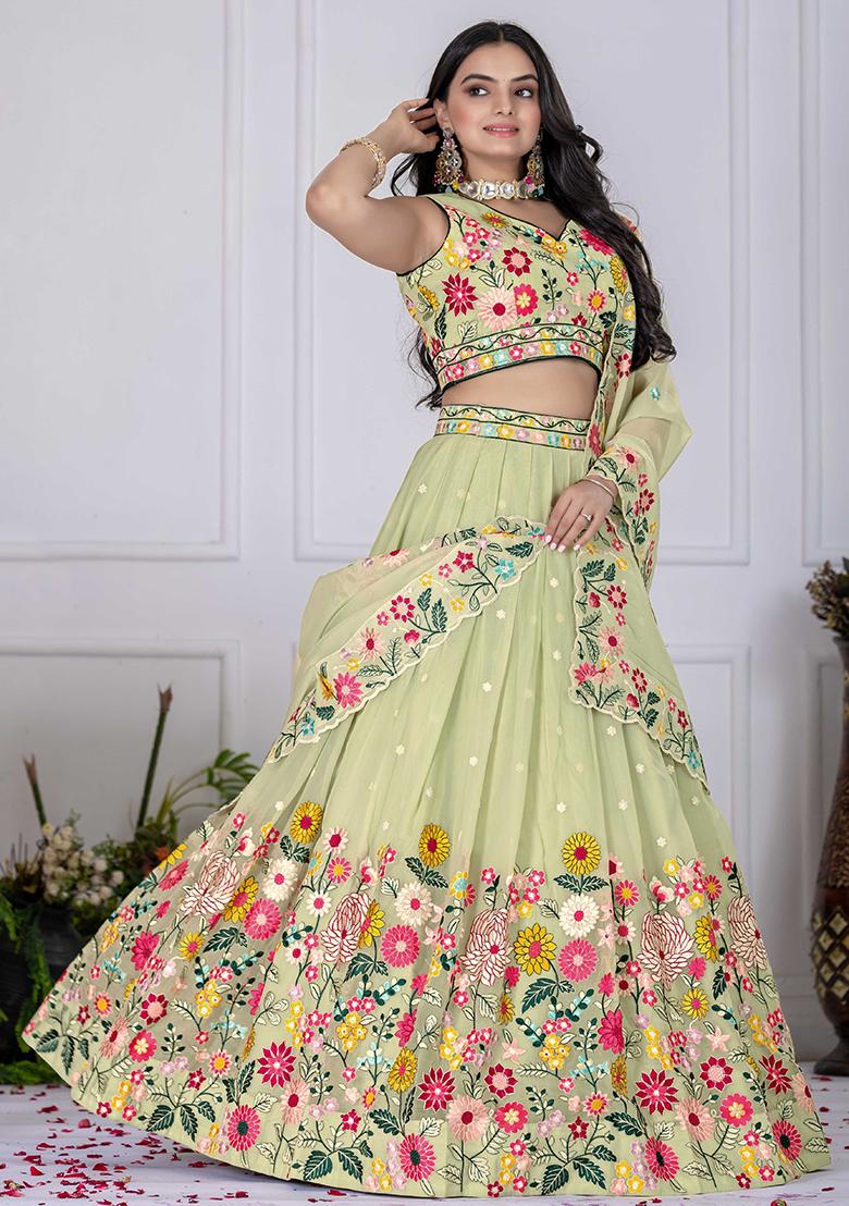 Green Sequence Embroidery Cotton Lehenga Set With Dupatta - Indya