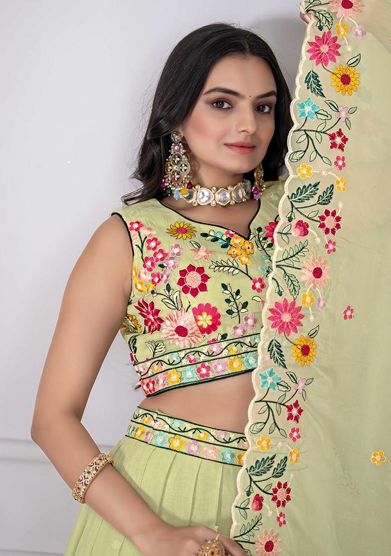 Green Sequence Embroidery Cotton Lehenga Set With Dupatta - Indya
