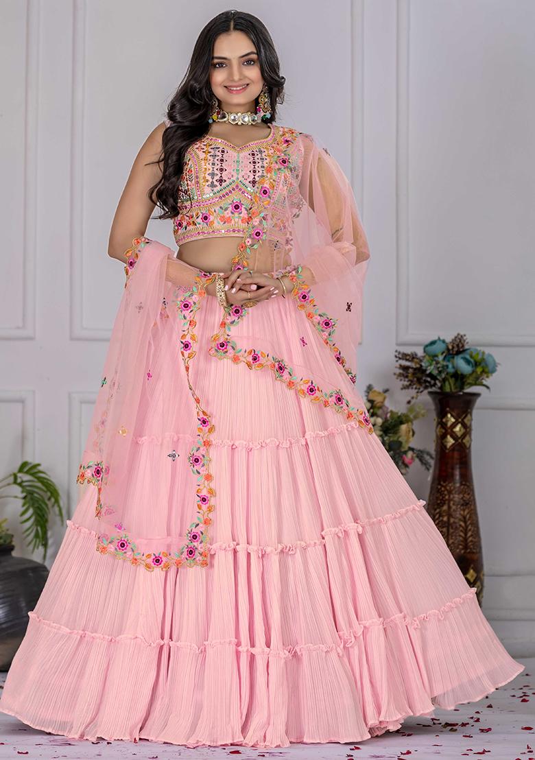 Pink Embroidered Georgette Lehenga Set With Dupatta - Indya