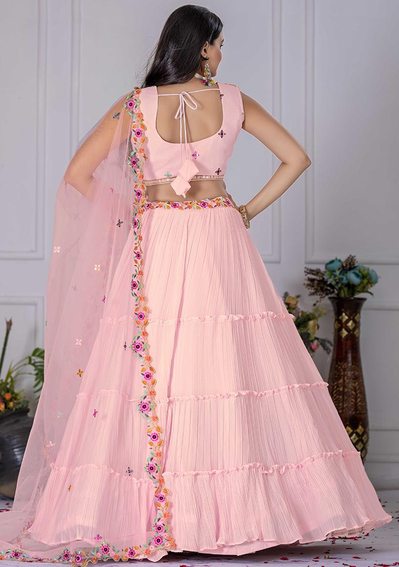 Pink Embroidered Georgette Lehenga Set With Dupatta - Indya