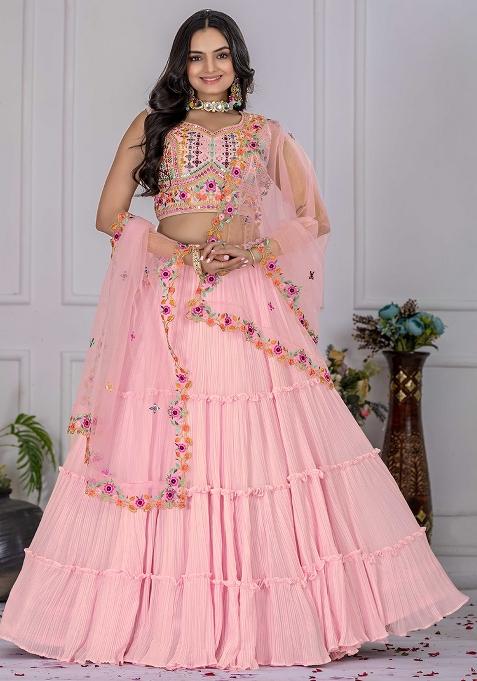 Pink Embroidered Georgette Lehenga Set With Dupatta