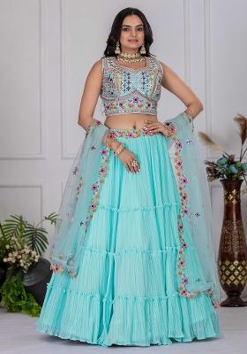 Blue Embroidered Georgette Lehenga Set With Dupatta