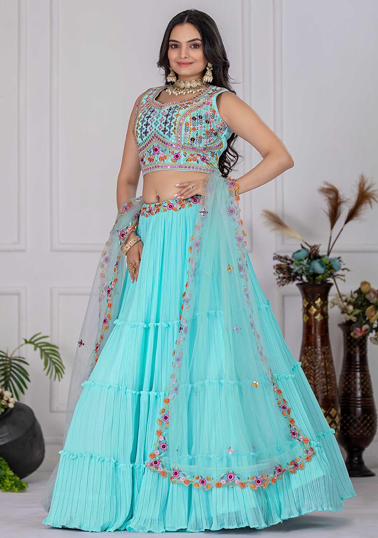 Blue Embroidered Georgette Lehenga Set With Dupatta - Indya