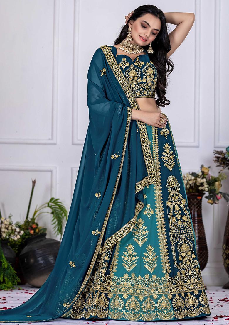 Blue Embroidered Georgette Lehenga Set With Dupatta - Indya