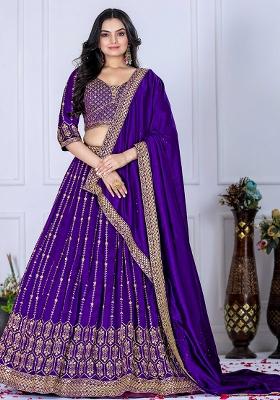 Purple Sequence Embroidery Silk Lehenga Set With Dupatta