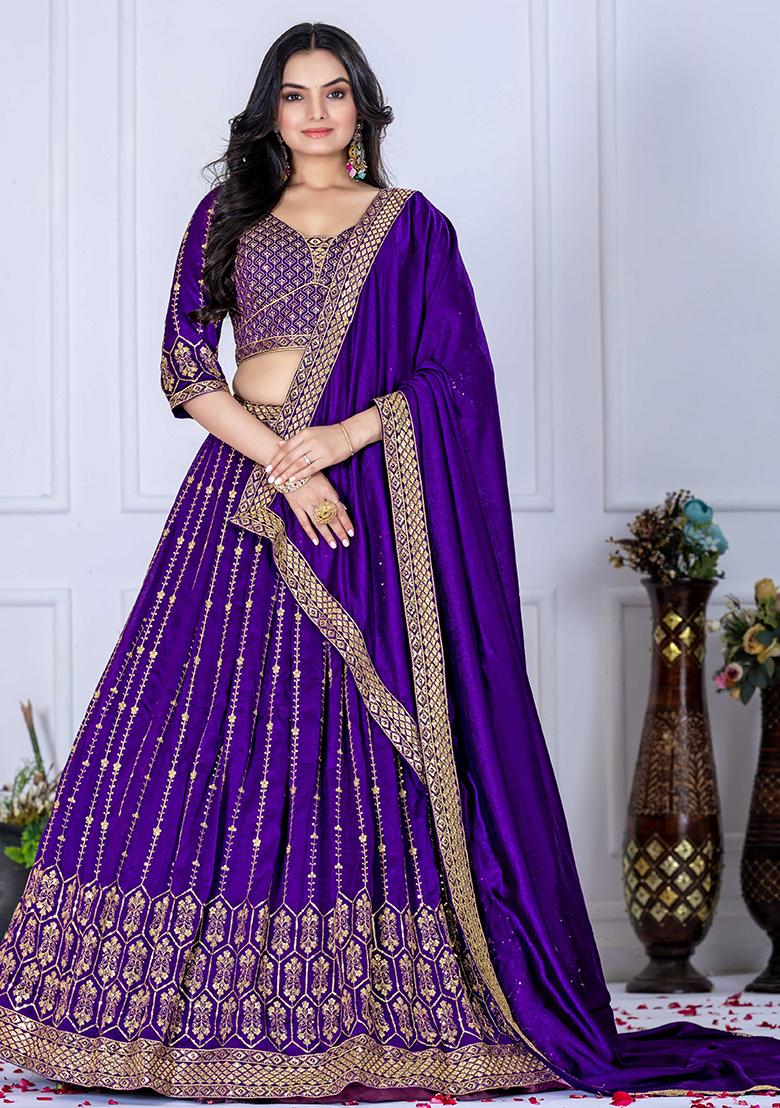 Purple Sequence Embroidery Silk Lehenga Set With Dupatta - Indya