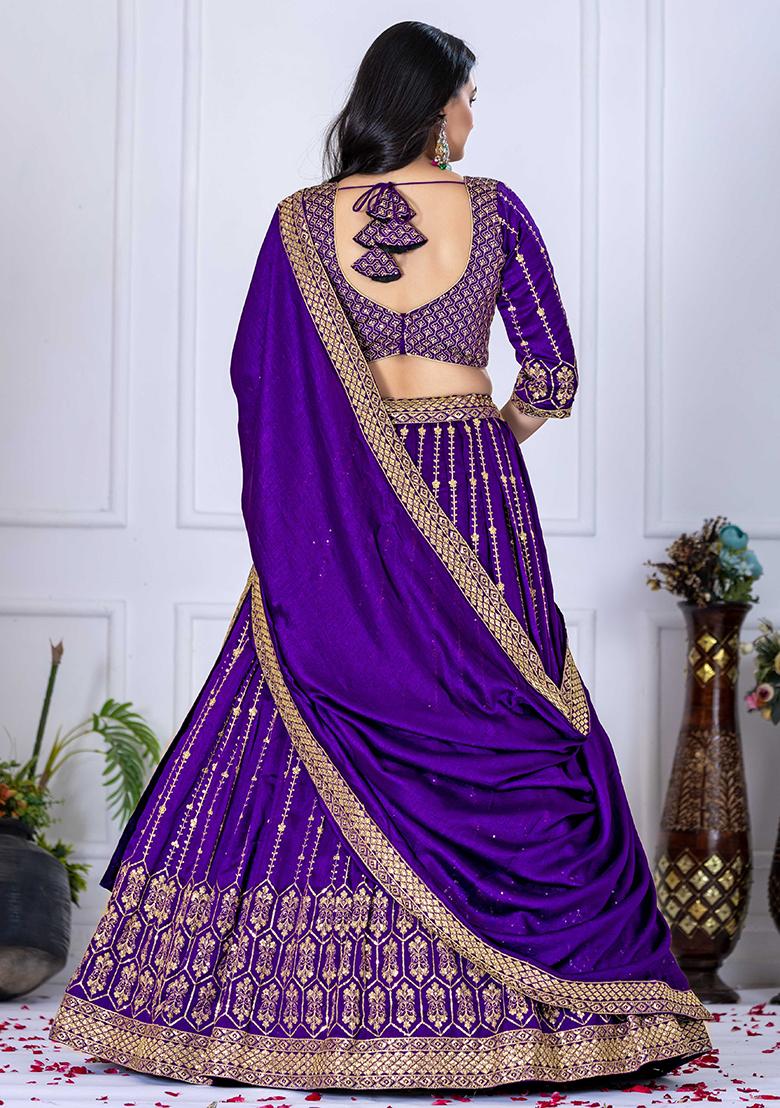 Purple Sequence Embroidery Silk Lehenga Set With Dupatta - Indya