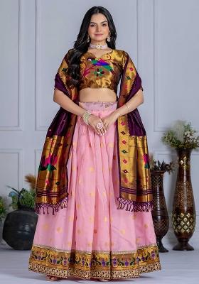 Pink Sequence Embroidery Silk Lehenga Set With Dupatta