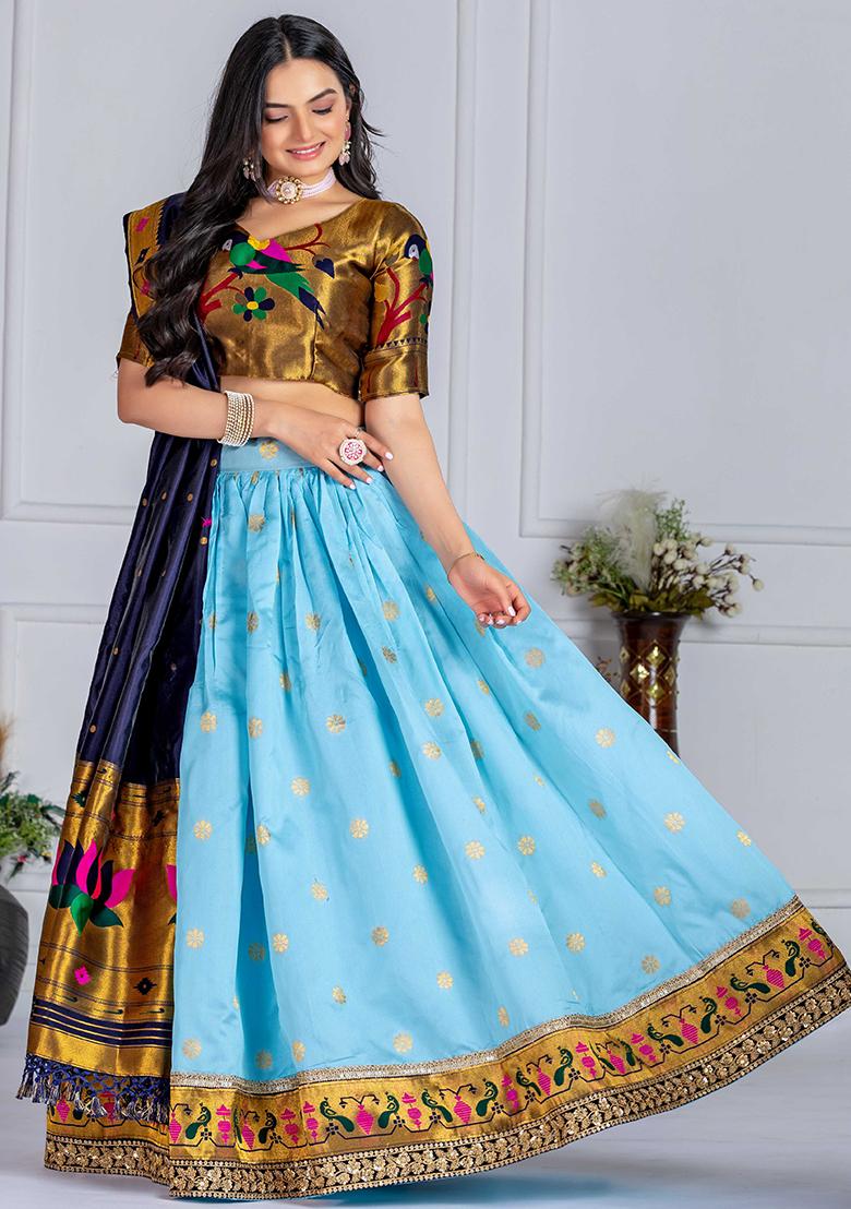 Blue Sequence Embroidery Silk Lehenga Set With Dupatta - Indya
