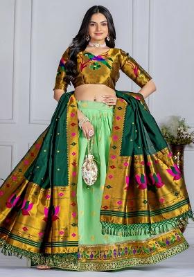 Green Sequence Embroidery Silk Lehenga Set With Dupatta