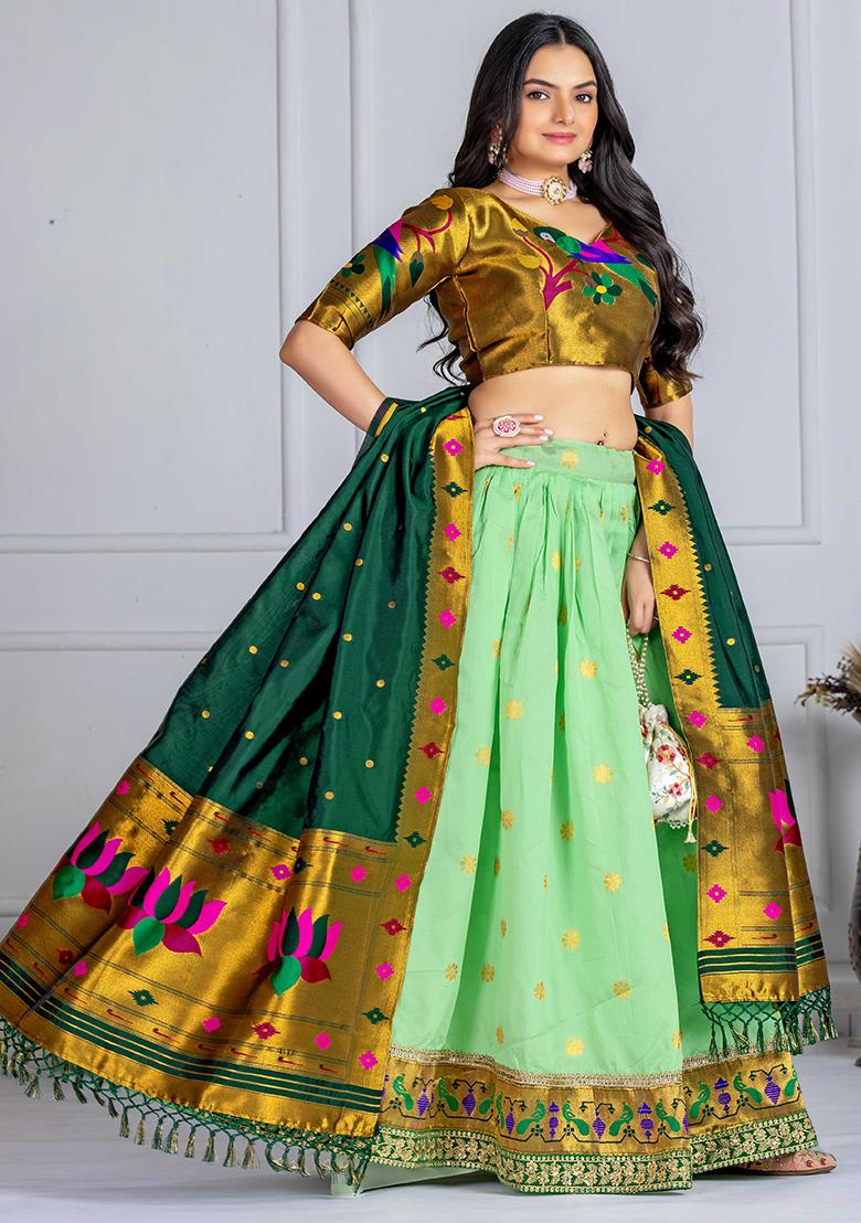 Green Sequence Embroidery Silk Lehenga Set With Dupatta - Indya