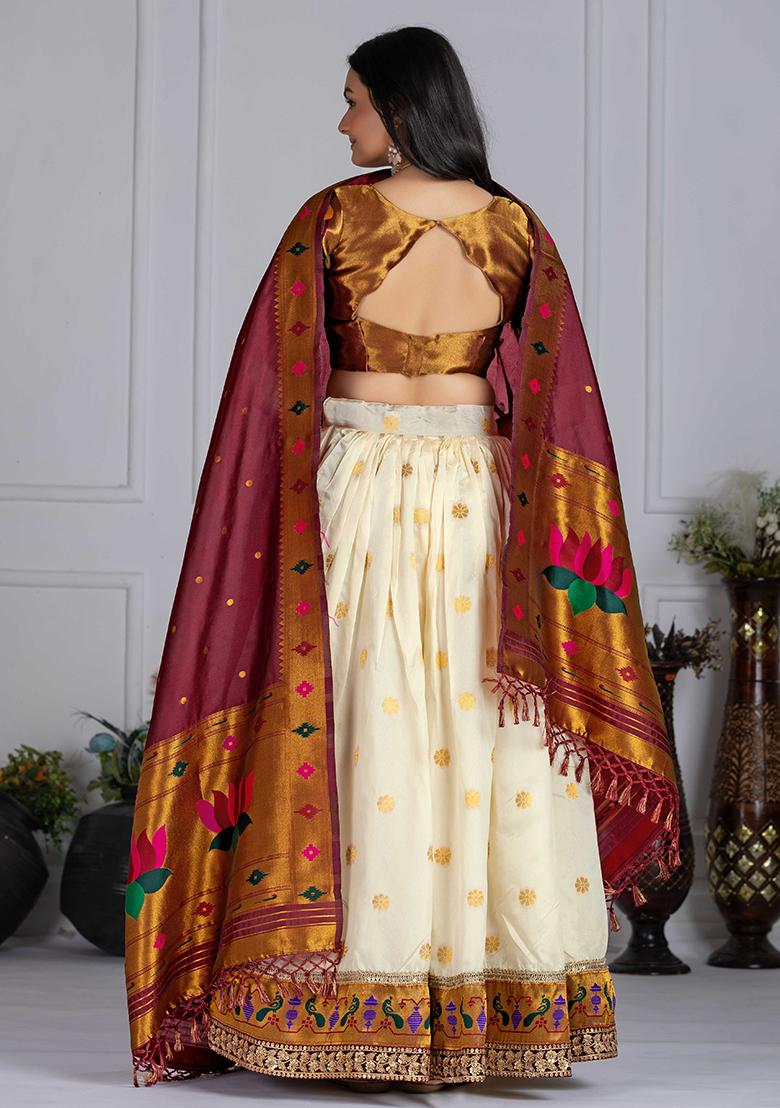White Sequence Embroidery Silk Lehenga Set With Dupatta - Indya