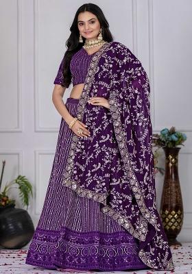 Purple Sequence Embroidery Georgette Lehenga Set With Dupatta