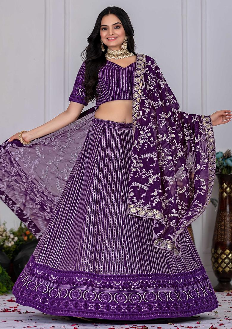 Purple Sequence Embroidery Georgette Lehenga Set With Dupatta - Indya