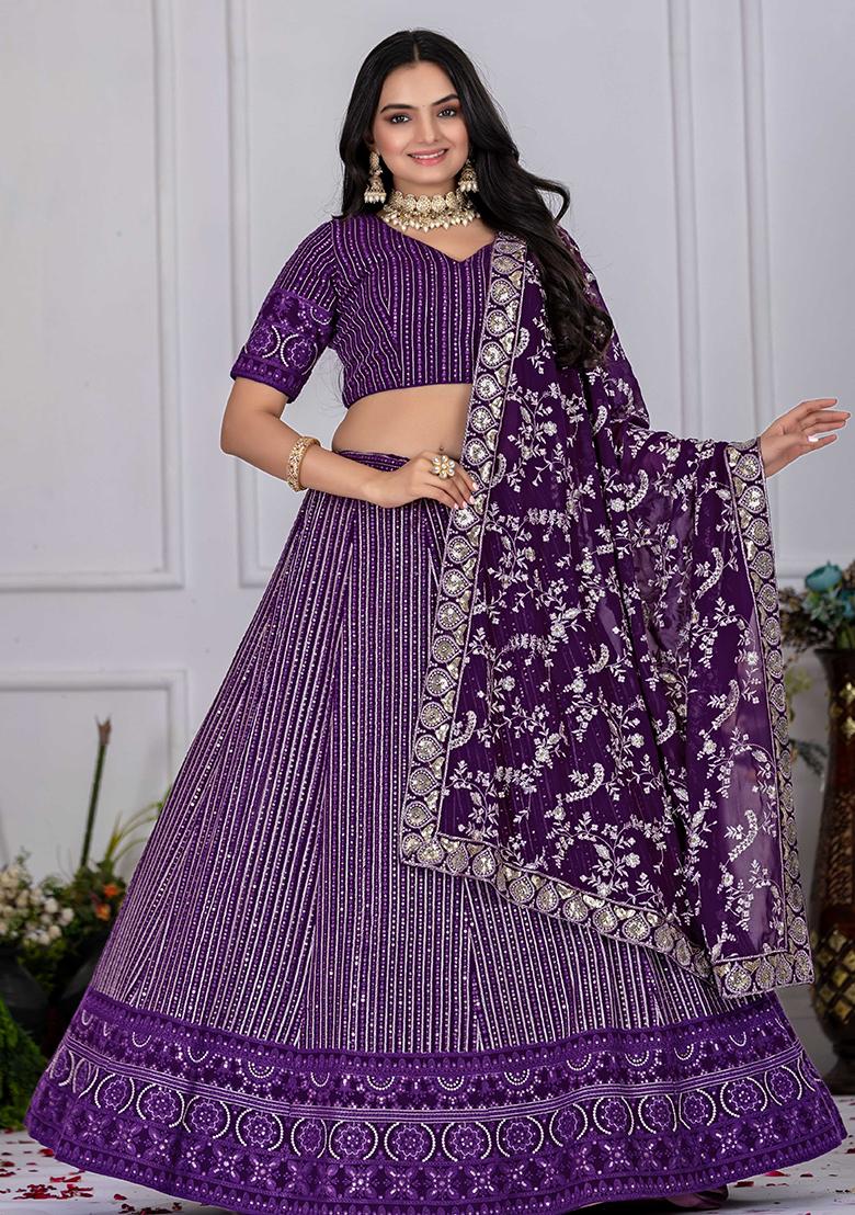 Purple Sequence Embroidery Georgette Lehenga Set With Dupatta - Indya