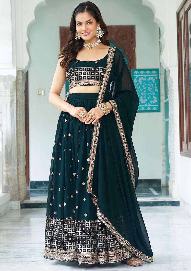 Green Sequence Embroidery Georgette Lehenga Set With Dupatta for Diwali and Festive Wear - Indya
