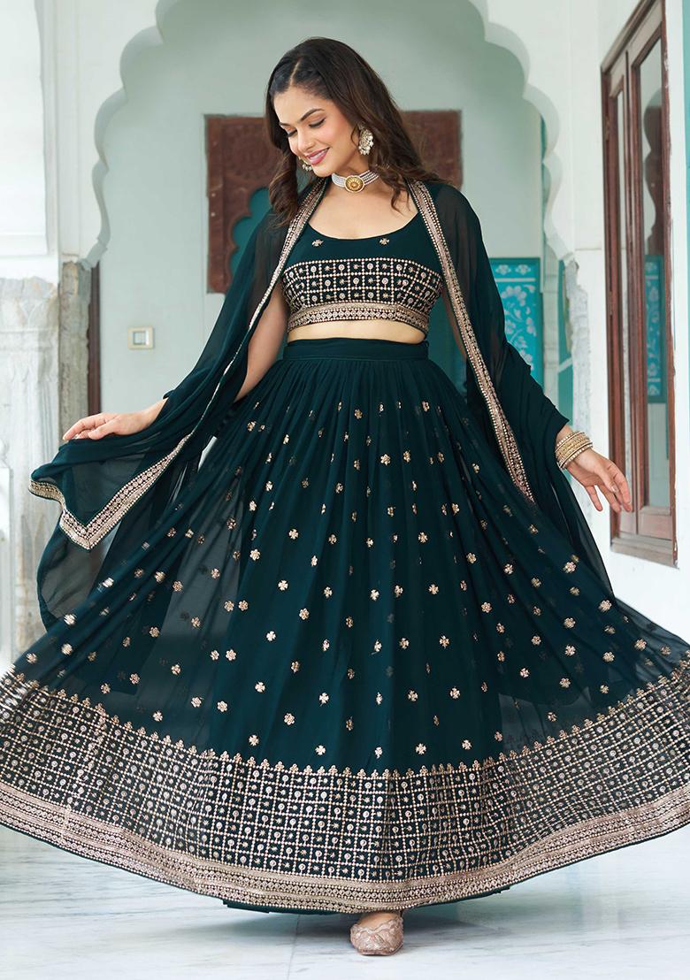 Green Sequence Embroidery Georgette Lehenga Set With Dupatta - Indya