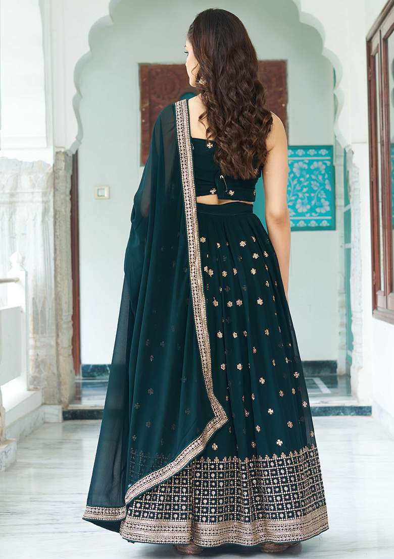 Green Sequence Embroidery Georgette Lehenga Set With Dupatta for Diwali and Festive Wear - Indya