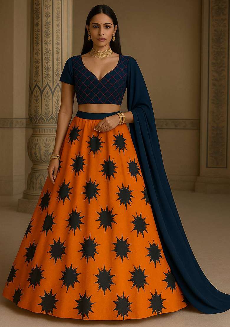 Multi Color Embroidered Georgette Lehenga Set With Dupatta - Indya