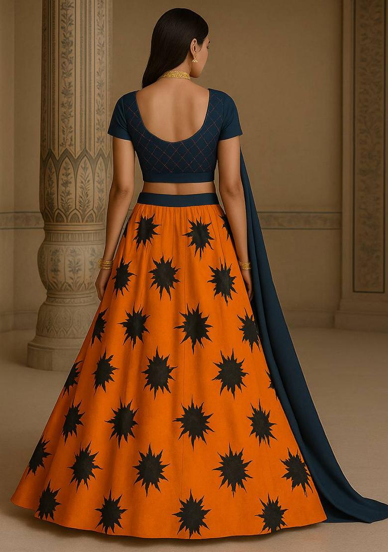 Multi Color Embroidered Georgette Lehenga Set With Dupatta - Indya